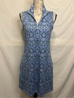 Emerald 18 Blue Green Paisley Mock-Neck Golf Dress Sleeveless Half Zip Tennis